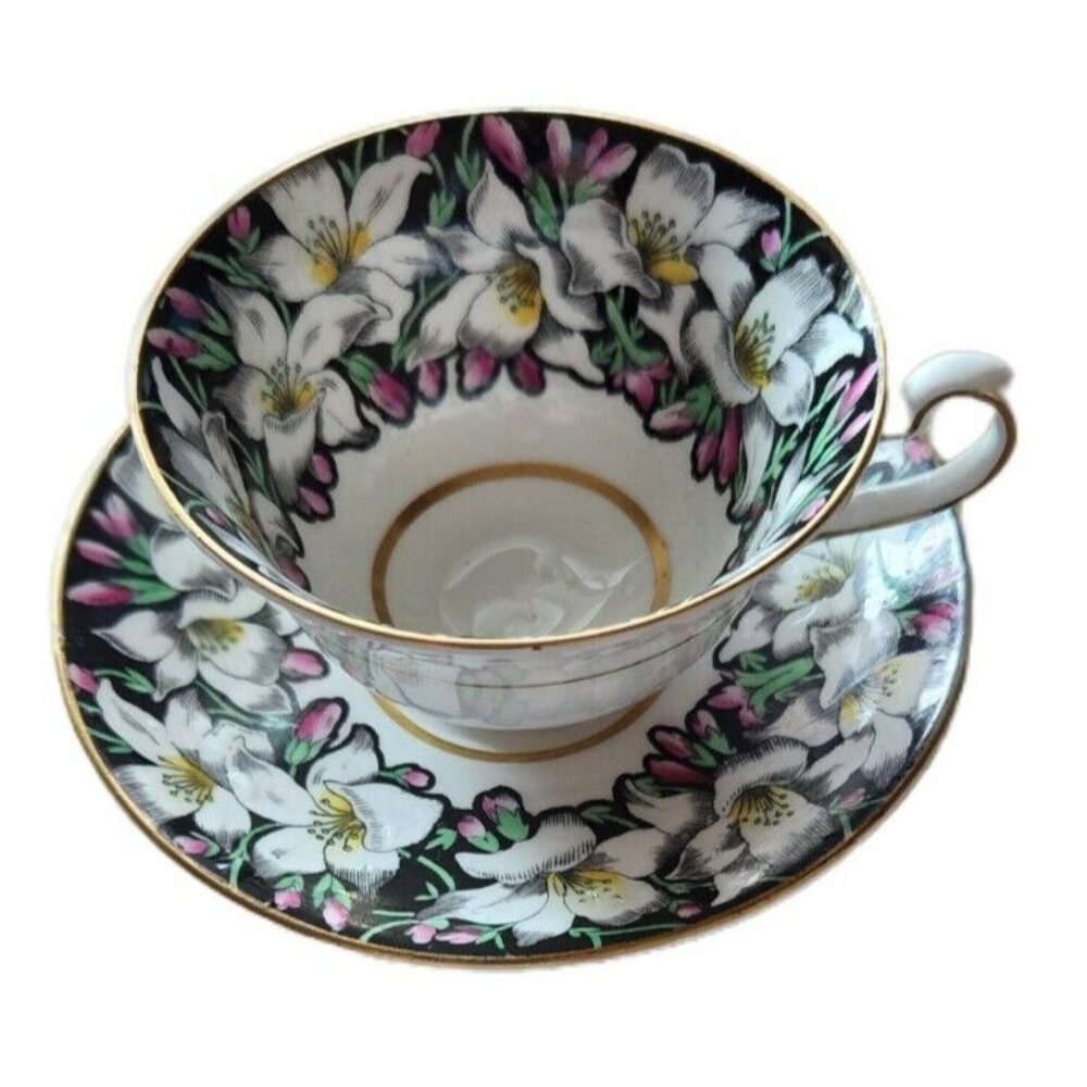Vintage Rosina Teacup and Saucer Black, White. Pink Lilies Rosini China England